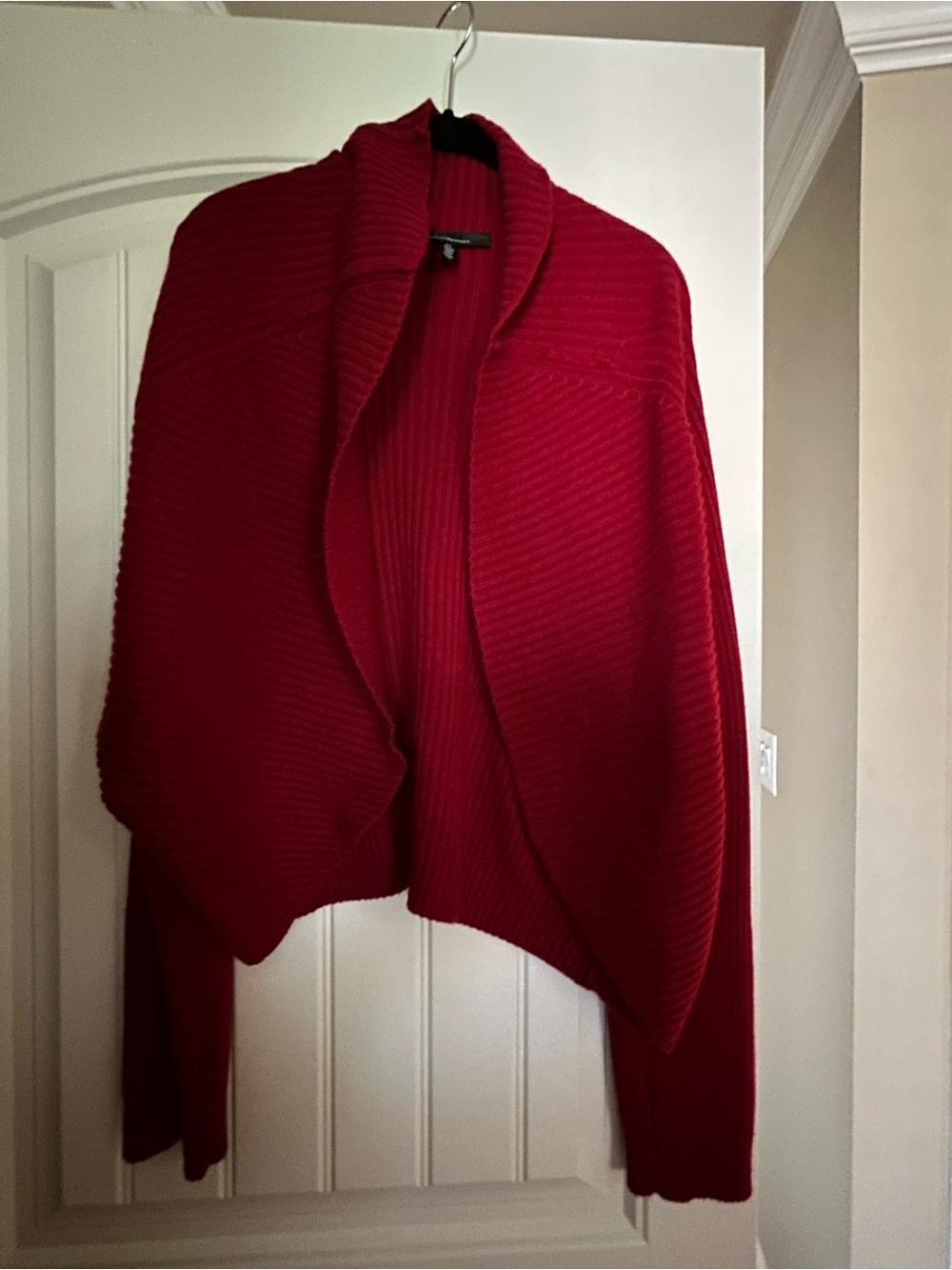 Red Open-Front Ribbed Shawl Collar Women's Sweater